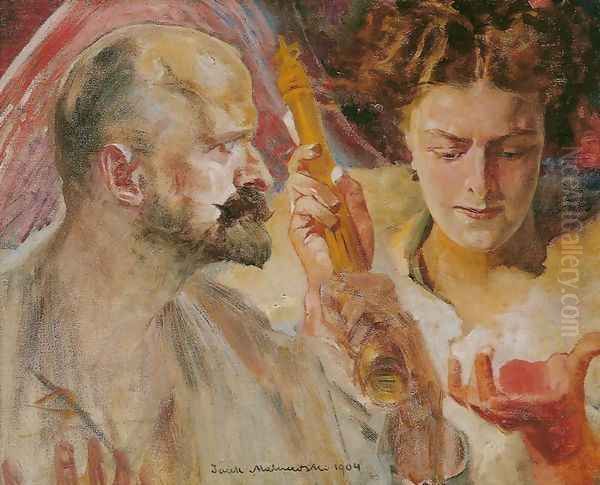Self-Portrait with Muse Holding Sceptre and Orb Oil Painting by Jacek Malczewski