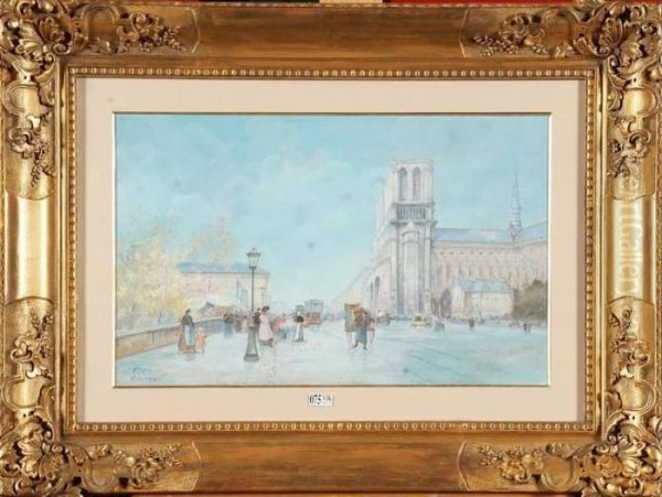 Marche Aux Fleurs Devant Notre-dame De Paris Oil Painting by Eugene Galien-Laloue