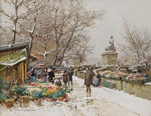 Un Coin De Quai, Paris Oil Painting by Eugene Galien-Laloue
