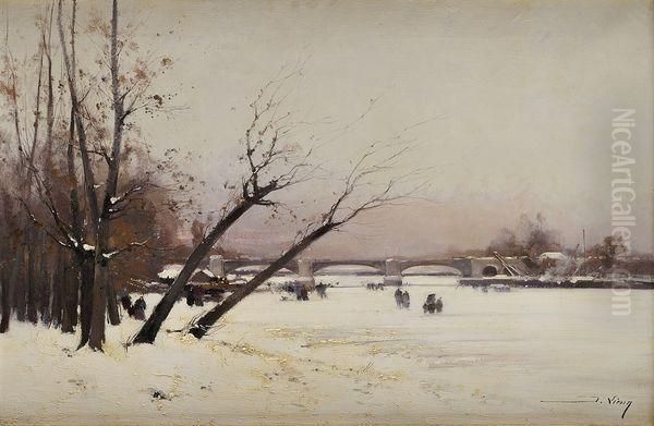 Vue De La Seine En Hiver Oil Painting by Eugene Galien-Laloue