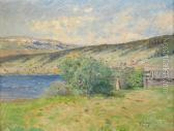 Norrlandskt Varlandskap Med Kvinna I Ljus Klanning Oil Painting by Anton Genberg