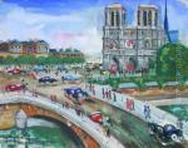 Paris, Les Quais Et Notre Dame Oil Painting by Lucien Genin