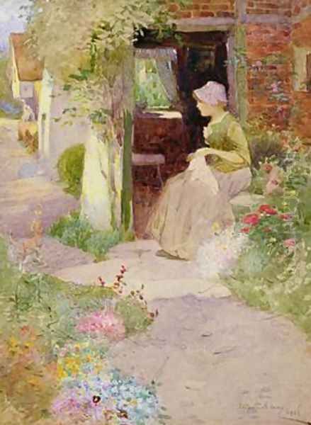 A Girl Sewing at the Door of a Cottage 1906 Oil Painting by Thomas Mackay
