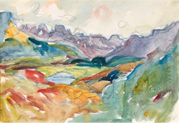 View At Lake Sils Towards Piz Margna And Piz Salacina Oil Painting by Giovanni Giacometti
