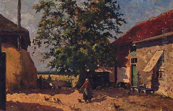 Feeding The Chickens In A Farmyard Oil Painting by Mihaly Munkacsy