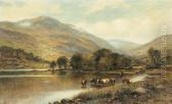 Cattle Watering In A Valley River. Oil Painting by Alfred Augustus Glendening