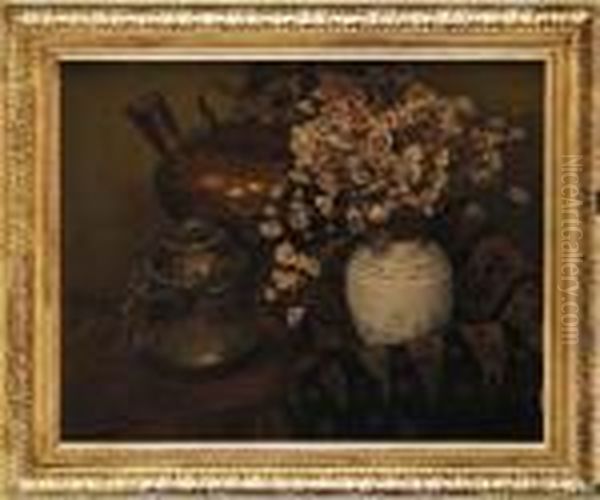 Nature Morte Au Bouquet De Fleurs Seches Et Cuivre Oil Painting by Norbert Goeneutte
