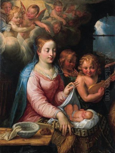 The Virgin And Child With 
Music-making Angels And The Annunciationto The Shepherds Beyond Oil Painting by Hendrick Goltzius