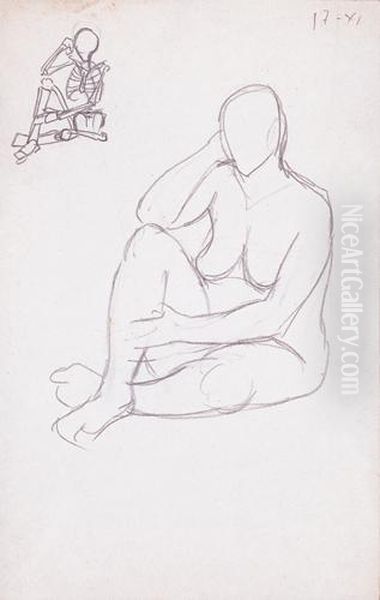 Estudio De Desnudo Femenino Y Esqueleto Oil Painting by Julio Gonzalez