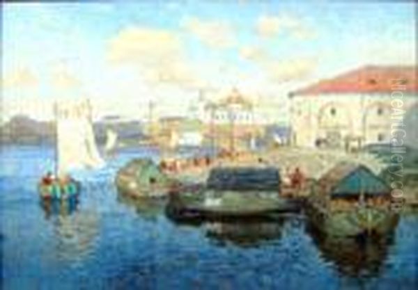 Harbour Scene Oil Painting by Konstantin Ivanovich Gorbatov