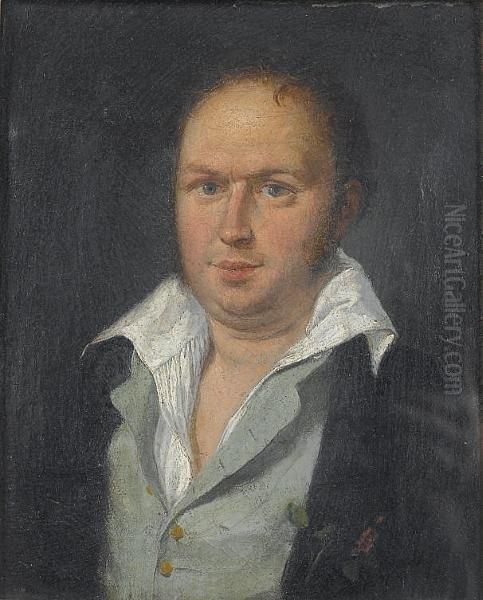Portrait Of A Gentleman, Small 
Half-length, In A Dark Blue Jacket, A Pale Blue Waistcoat And An Open 
Shirt Oil Painting by Francisco Goya Fuendetodos