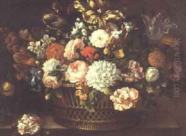 Peonies tulips narcissi and other flowers in a basket 3 Oil Painting by Jean-Baptiste Monnoyer
