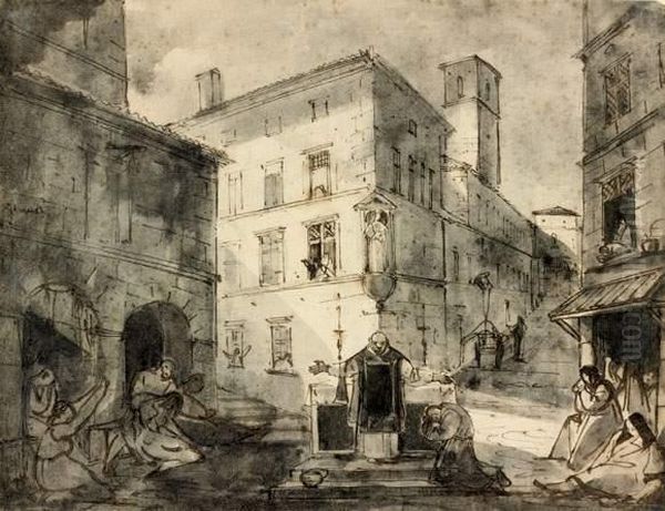 Office Religieux En Plein Air Sur Une Place Romaine
 Plume Et Encre Brune Sur Trait De Crayon Noir, Lavis Gris Oil Painting by Francois-Marius Granet
