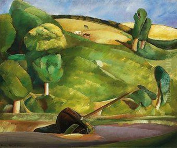Sailing Boat In A Cubist Landscape Oil Painting by Boris Dimitrevich Grigoriev