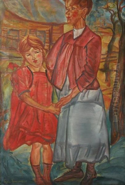Mother And Child Oil Painting by Boris Dimitrevich Grigoriev