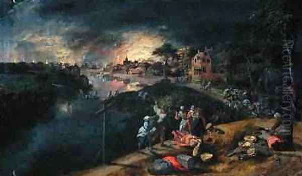 Scene of a War with a Fire 1569 Oil Painting by Gillis Mostaert