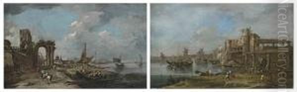 A Capriccio Of A Ruined Arch And Port Oil Painting by Francesco Guardi