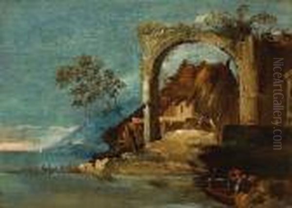 A View Of A Rocky Coast With Ruins And A Fisherman In A Boat In The Foreground Oil Painting by Francesco Guardi