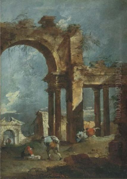 An Architectural Capriccio With 
Figures In Front Of A Ruined Arch,with Other Ruins Beyond Oil Painting by Francesco Guardi