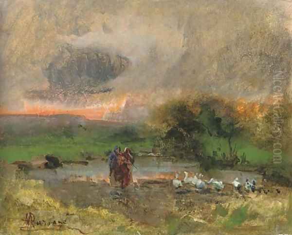 Tending to the geese at dusk Oil Painting by Pompeo Mariani