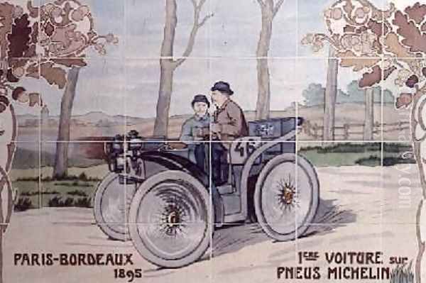 Edouard and Andre Michelin driving LEclair the first car to run on pneumatic tyres in the Paris to Bordeaux car race of 1895 Oil Painting by Ernest Montaut