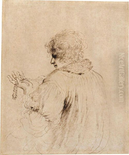 A Man Holding A String Of Beads Oil Painting by Giovanni Francesco Barbieri