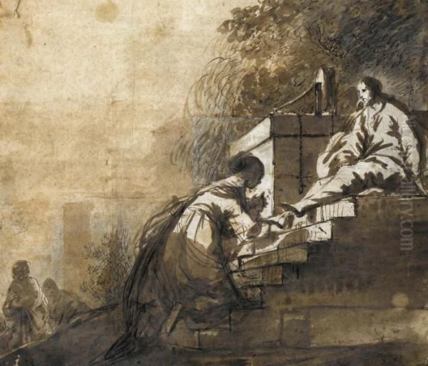 Christ And The Woman Of Samaria Oil Painting by Giovanni Francesco Barbieri