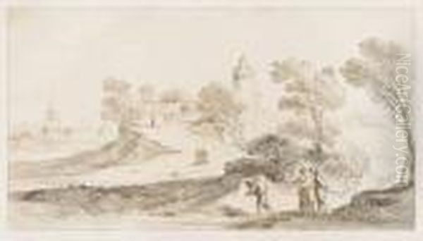 Paysage Anime Avec Un Chemin Montant Vers Un Chateau. Oil Painting by Guercino