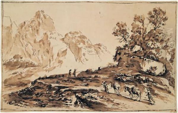 Maultierkolonne In Gebirgiger Landschaft Oil Painting by Giovanni Francesco Barbieri