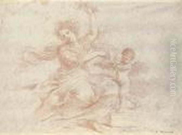 Primavera Distributing Flowers, Accompanied By A Putto Oil Painting by Giovanni Francesco Barbieri