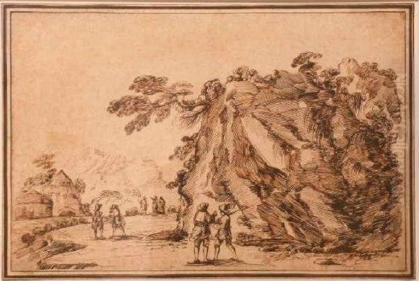 Figures In A Landscape With A Huge Boulder Oil Painting by Guercino