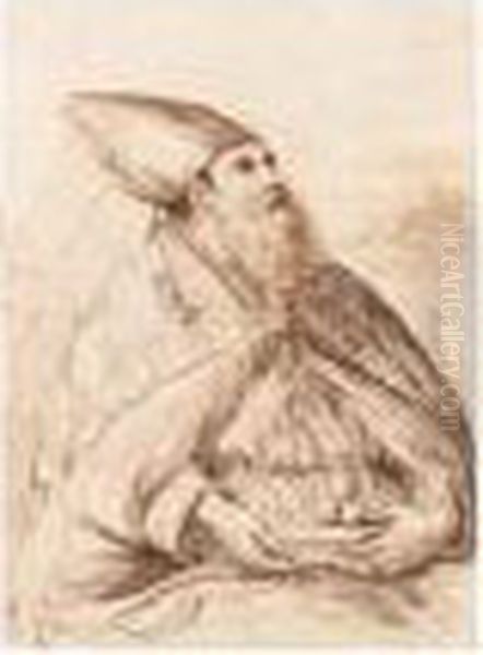 Saint Nicholas Of Bari, Seated, And Looking Up To The Right Oil Painting by Giovanni Francesco Barbieri