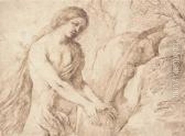 Marie-madeleine Se Lavant Les Mains A Une Source Oil Painting by Guercino