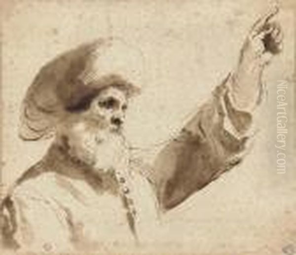 A Man Wearing A Turban In Profile To The Left, Raising His Lefthand, Bust-length Oil Painting by Giovanni Francesco Barbieri