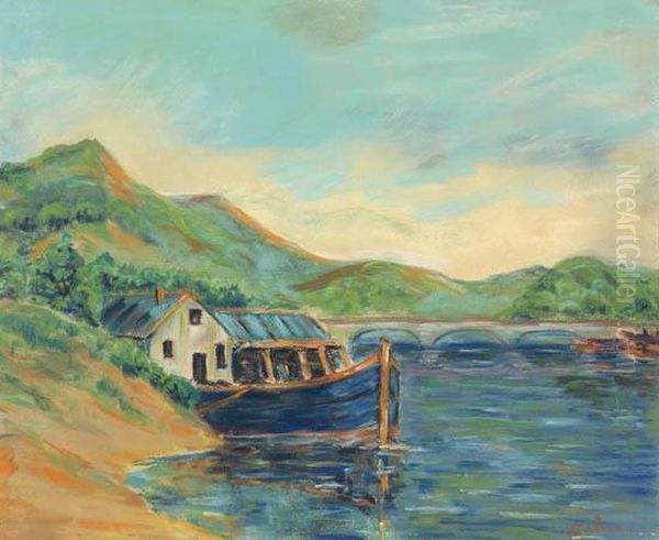 Au Bord De Riviere, 
Bateau Et Pont Oil Painting by Armand Guillaumin