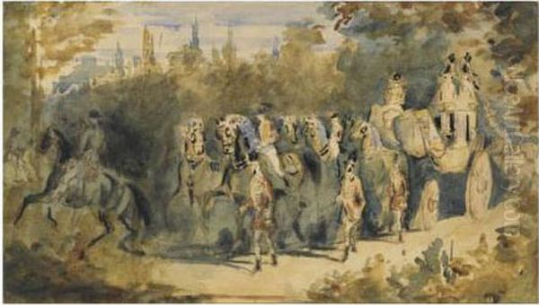 Le Carosse De Sa Majeste La Reine Victoria Tournant Sous Les Arbres Oil Painting by Constantin Guys