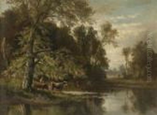 Hirte Mit Kuhen Am
 Waldteich. Oil Painting by Fritz Halberg-Krauss