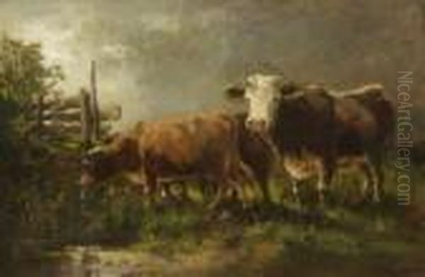 Rinder An Der Tranke. Oil Painting by Fritz Halberg-Krauss