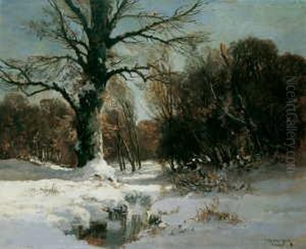 Verschneiter Wald. Signiert 
Unten Rechts: F. Halberg-krauss/munchen. Ol Auf Karton. H 81; B 100 Cm. Oil Painting by Fritz Halberg-Krauss