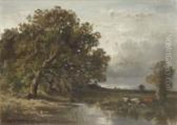 Kuhe An Der Tranke An Einem
 Verschilften Weiher. Oil Painting by Fritz Halberg-Krauss