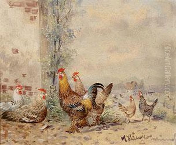 Fruhling Am Geflugelhof Mit Federfusigen Zwerghuhnern Oil Painting by Max I Hanger