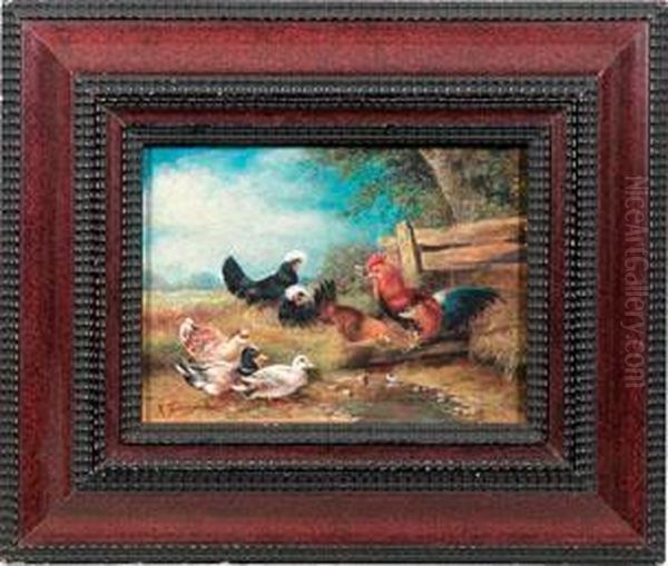Huhner- Und Entengruppe Am Wiesenrand Oil Painting by Max I Hanger