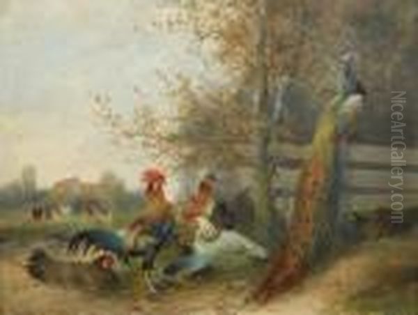 Two Paintings. A) Poultry And 
Peacock In The Farmyard. Signed Bottom Left: M. Hanger Sen. Munich. Oil 
On Wood. 25,5 X 34cm. Frame. Oil Painting by Max I Hanger