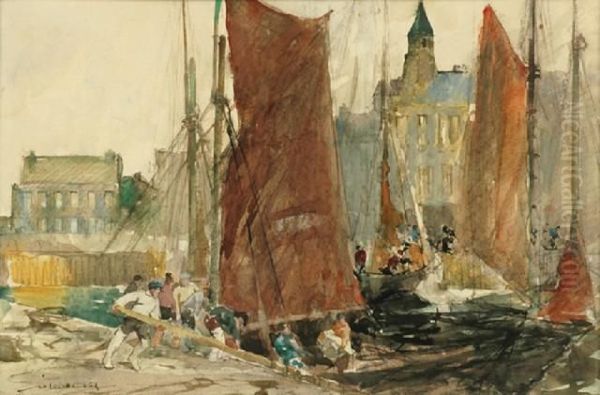 Boats At Dock Oil Painting by William Lee Hankey