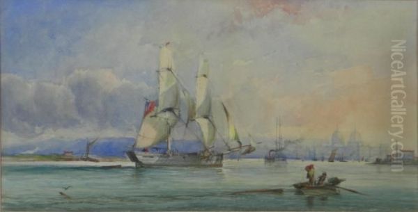Sailing Boat With A Harbour In The Distance Oil Painting by Thomas Bush Hardy