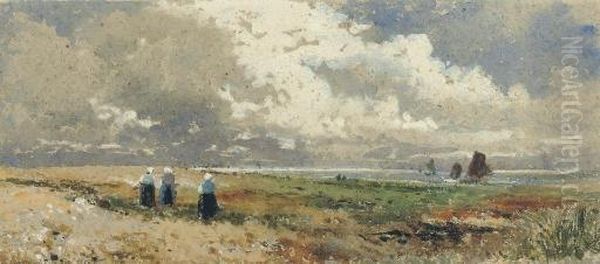 Women Watching Ships From The Shore Oil Painting by Thomas Bush Hardy