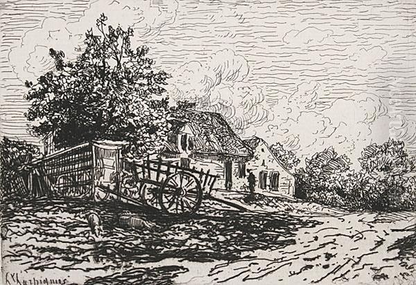 Charrette Devant Une Ferme Oil Painting by Henri-Joseph Harpignies