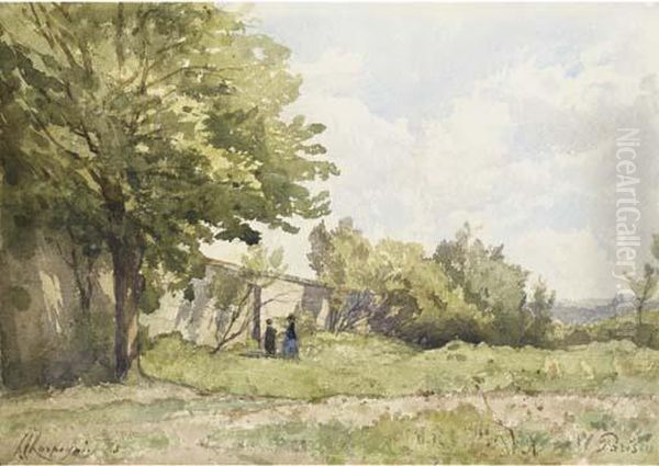 Paysage Arbore Avec Deux Personnages Devant Un Mur Oil Painting by Henri-Joseph Harpignies
