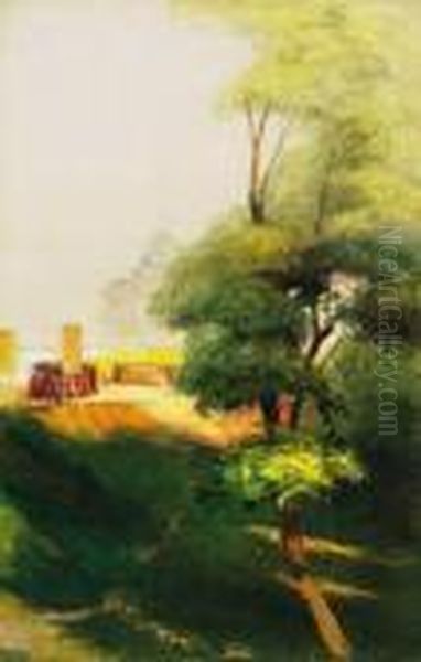 Park With A Tram Oil Painting by Gyula Hary