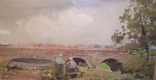 Figures By A Bridge Oil Painting by Claude Hayes